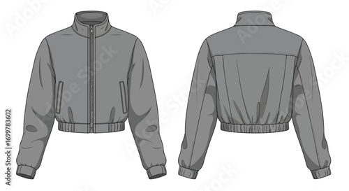 Technical fashion drawing showcasing a gray, cropped bomber jacket design for style and garment production purposes