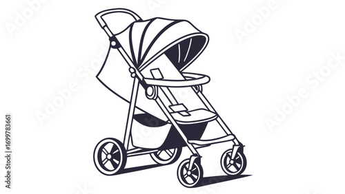 Minimalist vector illustration of a modern baby stroller, perfect for infant transport, childcare, and daily parenting concepts