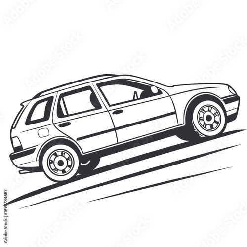 Clean vector illustration of a reliable family car embarking on an upward path, symbolizing growth, effort, and continuous progress on life's journey