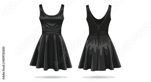 Elegant dark dress showcase: front and back views offering a minimalist and timeless design element, capturing fashion essentials in vector format