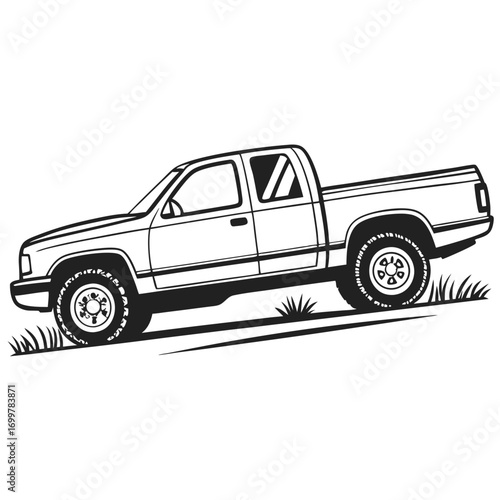 Monochrome illustration of a robust off-road pickup truck ascending a challenging slope, symbolizing strength, adventure, and reliable heavy-duty transport