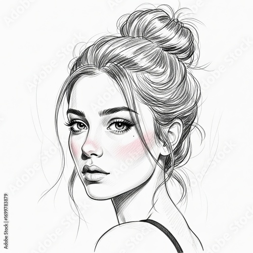Stylish line drawing of  elegant sketch of a woman with messy bun, gentle blush on cheeks, soft shading