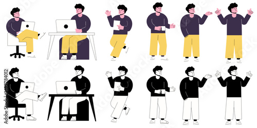 Man in Digital World: This illustration captures a set of diverse poses of a man engaged in various digital activities, from working on a laptop to presenting a concept.