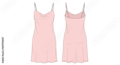 Technical fashion drawing of a pink slip dress showcasing the front and back design for design and manufacturing purposes