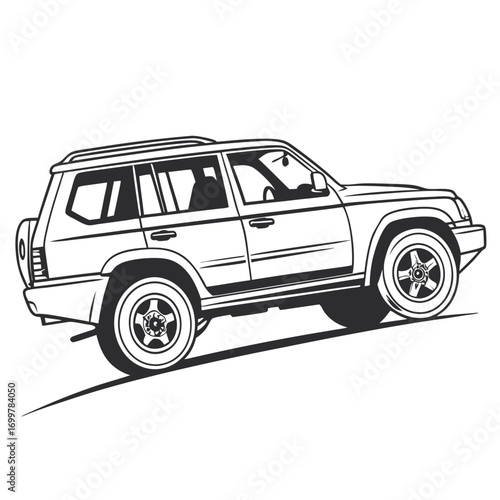 Rugged off-road vehicle illustration climbing a steep slope, depicting adventure, exploration, and powerful automotive capabilities for challenging terrains