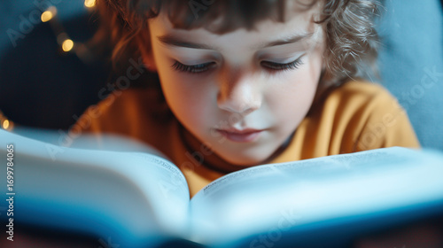 A child fully engrossed in reading a captivating book comfortably at home, enjoying every moment