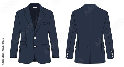 Elegant navy blue blazer showcases tailored design, front and back view for sartorial elegance and style representation