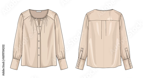 Technical fashion drawing of a women's blouse displaying front and back views in a light beige color palette, with long sleeves and button details