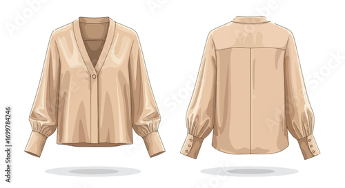 Illustration of a beige blouse with V-neck and balloon sleeves showcasing front and back design elements for fashion design presentations