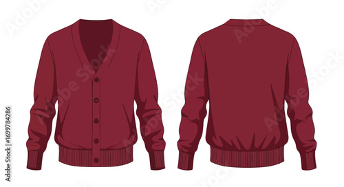 Burgundy Knitted Cardigan Front and Back View, Casual Autumn Winter Garment Mockup, Apparel Design Templates