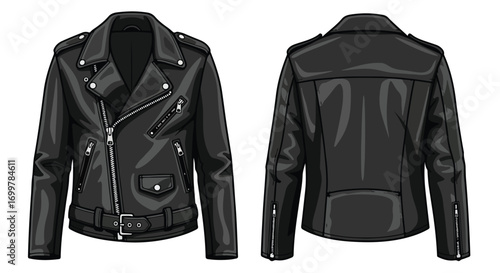 Sleek biker jacket illustration: Front and back views showcasing a stylish classic silhouette design with intricate detailing