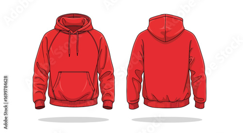 Vibrant scarlet hooded sweatshirt illustration showcasing front and back views for apparel design resources