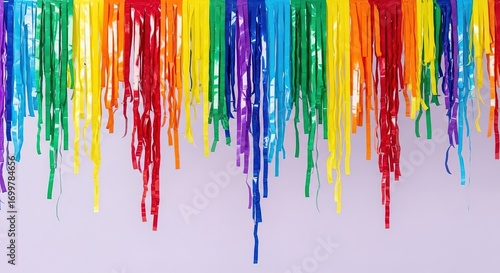Vibrant Rainbow Fringe Curtain Against a Light Purple Wall Backd