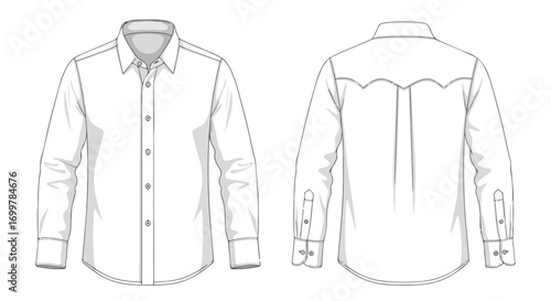 Detailed vector illustration showcases the front and back views of a classic long-sleeved men's dress shirt design