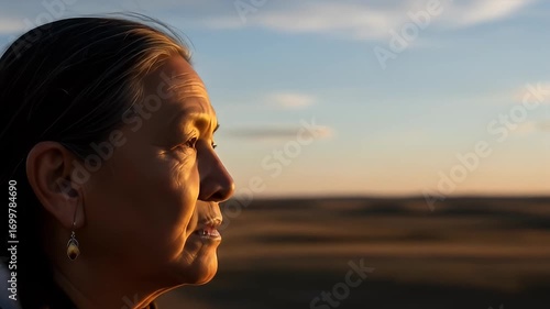 Profile of a Native American woman gazing thoughtfully at a sunset over a vast landscape