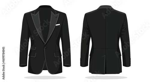 Elegant Black Tuxedo Illustration Featuring Front and Back Views on a Clean White Background