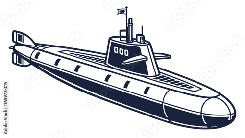 Sleek and robust deep-sea submarine vector illustration, depicting an advanced underwater vessel used for naval defense, maritime exploration, and covert operations