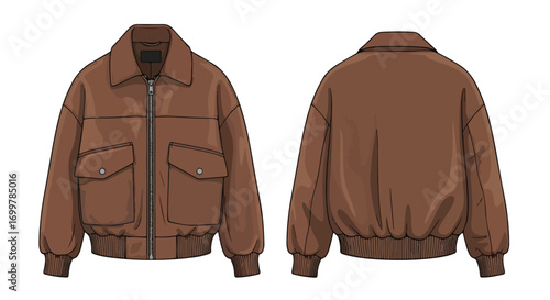 Fashionable brown bomber jacket illustration showcasing both the front and back design elements for garment industry fashion designs