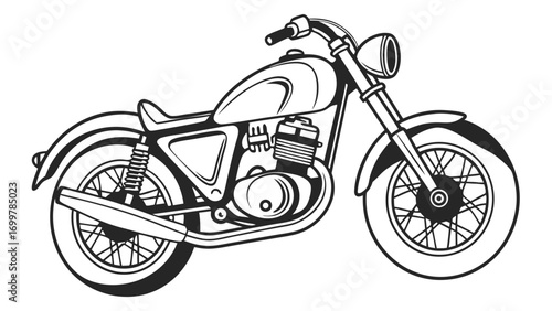 Dynamic black and white line art illustration of a vintage motorcycle, capturing the essence of freedom, speed, and classic road adventure