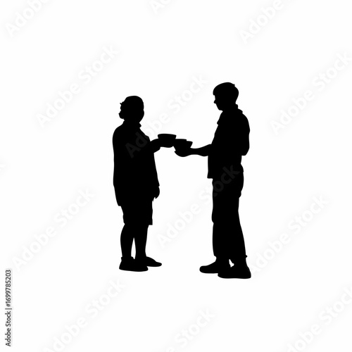 Silhouette of neighbors sharing food during a crisis isolated on white background