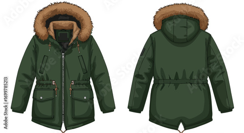 Detailed depiction of a front and back view of an olive green hooded parka with a faux fur trim, showcasing its design elements for apparel design