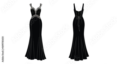 Elegant black gown with lace embellishments, showcasing front and back views on a white background, showcasing the detailed design
