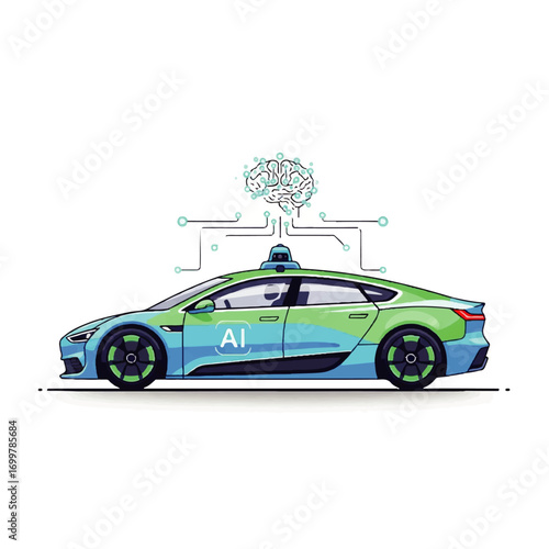 Concept illustration of an autonomous car driven by an artificial intelligence brain. Futuristic self-driving electric vehicle with advanced sensor technology