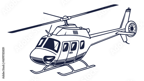 Detailed monochrome vector illustration of a classic helicopter, perfect for aviation, transportation, and travel design projects, showcasing air mobility and swift sky travel