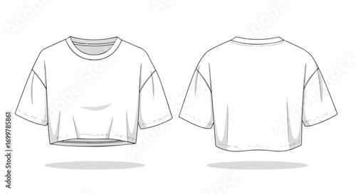 Front and back sketch of a stylish crop top garment, offering design ideas for clothing projects and technical drawing purposes showing modern fashion
