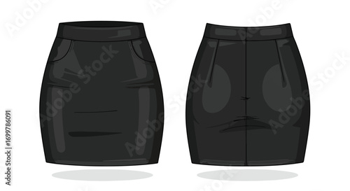Black skirt illustration front and back views for clothing design mockups minimal and modern garment style fashion template isolated on white