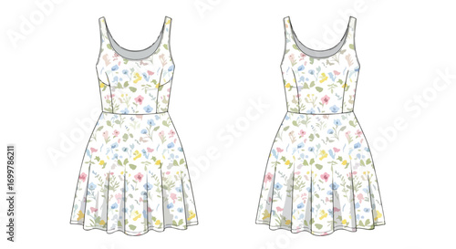 Floral sundress technical fashion illustration showcasing a pastel-colored botanical pattern design presented in front and back views