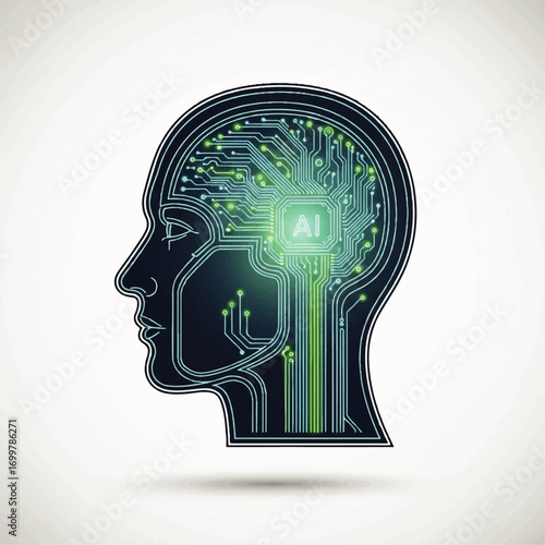 Conceptual illustration of artificial intelligence with a human head silhouette containing a glowing AI microprocessor and circuit board