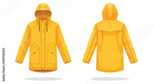 Vivid yellow hooded raincoat illustration showcasing front and back design isolated on clean white background creating modern and simple artwork