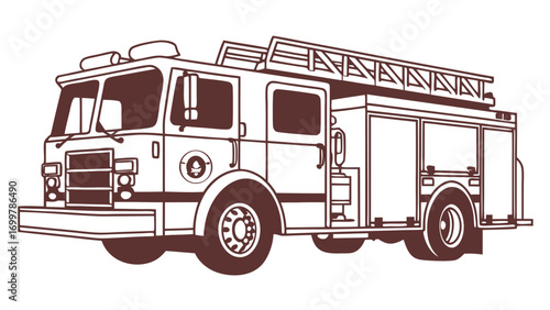 Detailed line art illustration of a classic emergency response fire truck, an essential vehicle vital for public safety and community protection