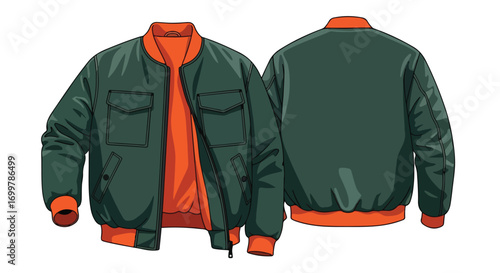 Stylish Green and Orange Bomber Jacket Illustrated on a White Background Presentation 94 character