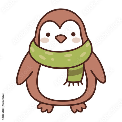 Colored vector icon of a cute penguin doodle wearing a scarf, symbolizing winter, warmth, and holiday design. Isolated on a transparent background