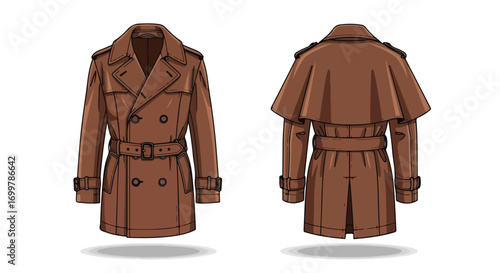 Illustration showcasing a double-breasted trench coat design, viewed from both the front and back perspectives on a neutral backdrop
