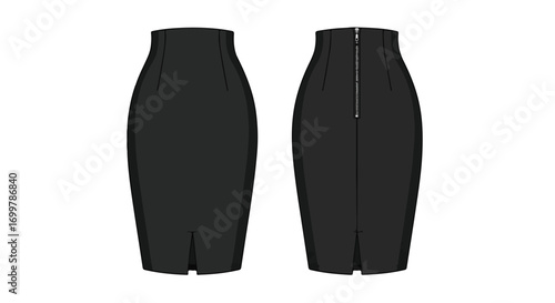 Sophisticated black pencil skirt rendered with front and back views, emphasizing its design and sleek form for fashion templates