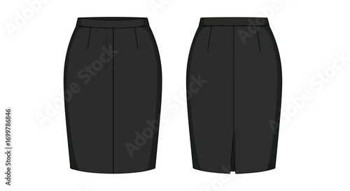 Pencil Skirt Technical Drawing: Front and Back View Displaying Classic Silhouette and Precise Detailing for Garment Design and Manufacturing