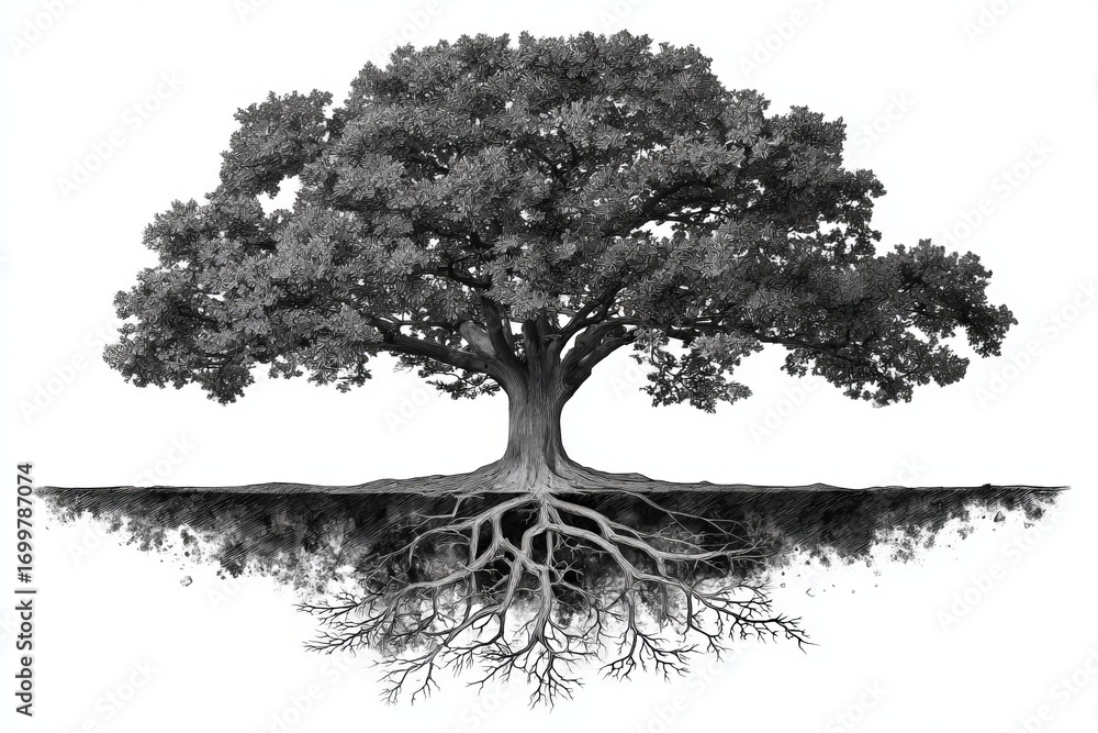Fototapeta premium The image features a meticulously drawn tree with dense leaves and visible roots, captured in a black and white color scheme, representing the interplay between nature's visible and obscure elements