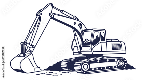 Detailed vector illustration of a powerful tracked excavator in action, performing crucial earthmoving and digging operations for modern construction and infrastructure projects