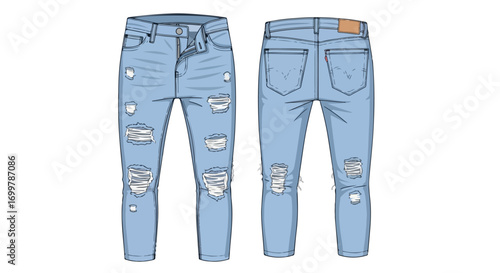 Digital Illustration Showcasing Front and Back Views of Ripped Light Blue Denim Jeans on White Background
