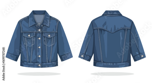 Denim jacket front and back views revealing a blend of timeless style and contemporary design detailing its enduring popularity as a versatile