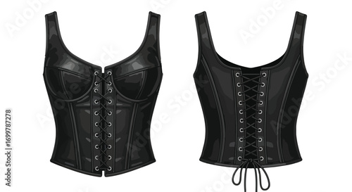 Sophisticated black leather corset, showcasing a fashion and empowered aesthetic with a focus on design and garment construction