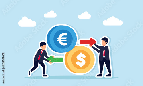 Two businessmen holding opposite arrows near dollar coin and euro coin illustration of money exchange or forex trading