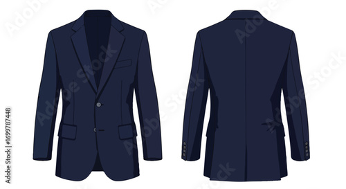 Sophisticated navy blazer illustration showcasing front and back views for apparel design and fashion concepts and style guides