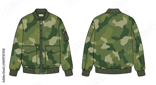 Camouflage Bomber Jacket Flat Lay Illustration, Front and Back View on White Background Depicts a Garment Ready for Urban Style or Tactical Usage