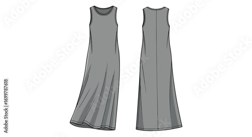 Technical flat drawing showcasing a gray maxi dress design with minimalist aesthetic, front and back views of a sleeveless garment for fashion