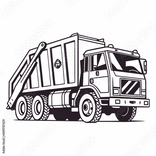 Clean black and white vector illustration of a modern garbage truck, symbolizing essential urban waste management, environmental sanitation, and municipal collection services