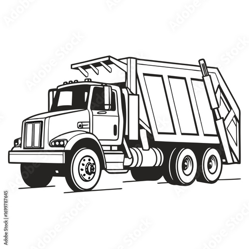Detailed black and white illustration of a robust sanitation truck, vital for municipal waste collection, public health, and maintaining clean urban environments